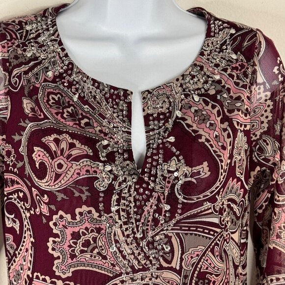 INC Burgundy Paisley Sheer Beaded V Neck 3/4 Sleeve Blouse Tunic Size Small EUC - Picture 3 of 9